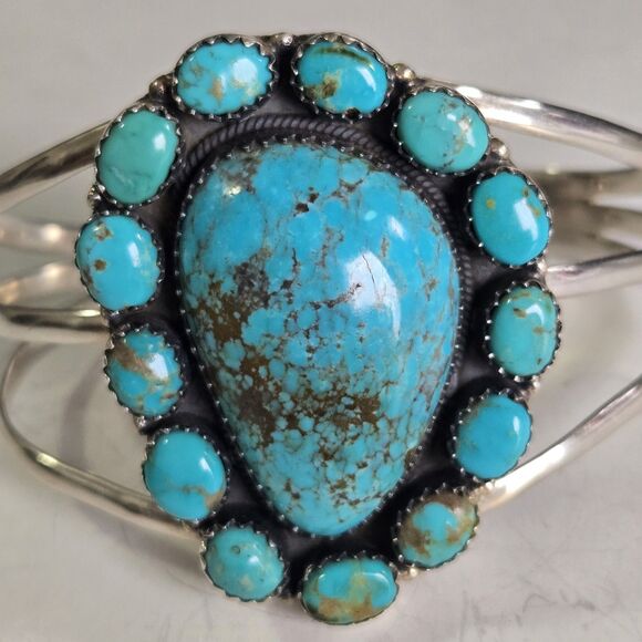 Vintage Navajo Sterling Turquoise Cluster Cuff Bracelet 48g Large 7.5" Stamped - Picture 3 of 13
